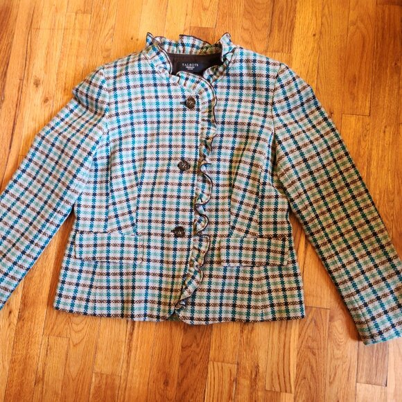 Talbots Brown/Teal Tweed Plaid Ruffled Blazer Elbow Patches Wool Blend Size 12P - Picture 1 of 12